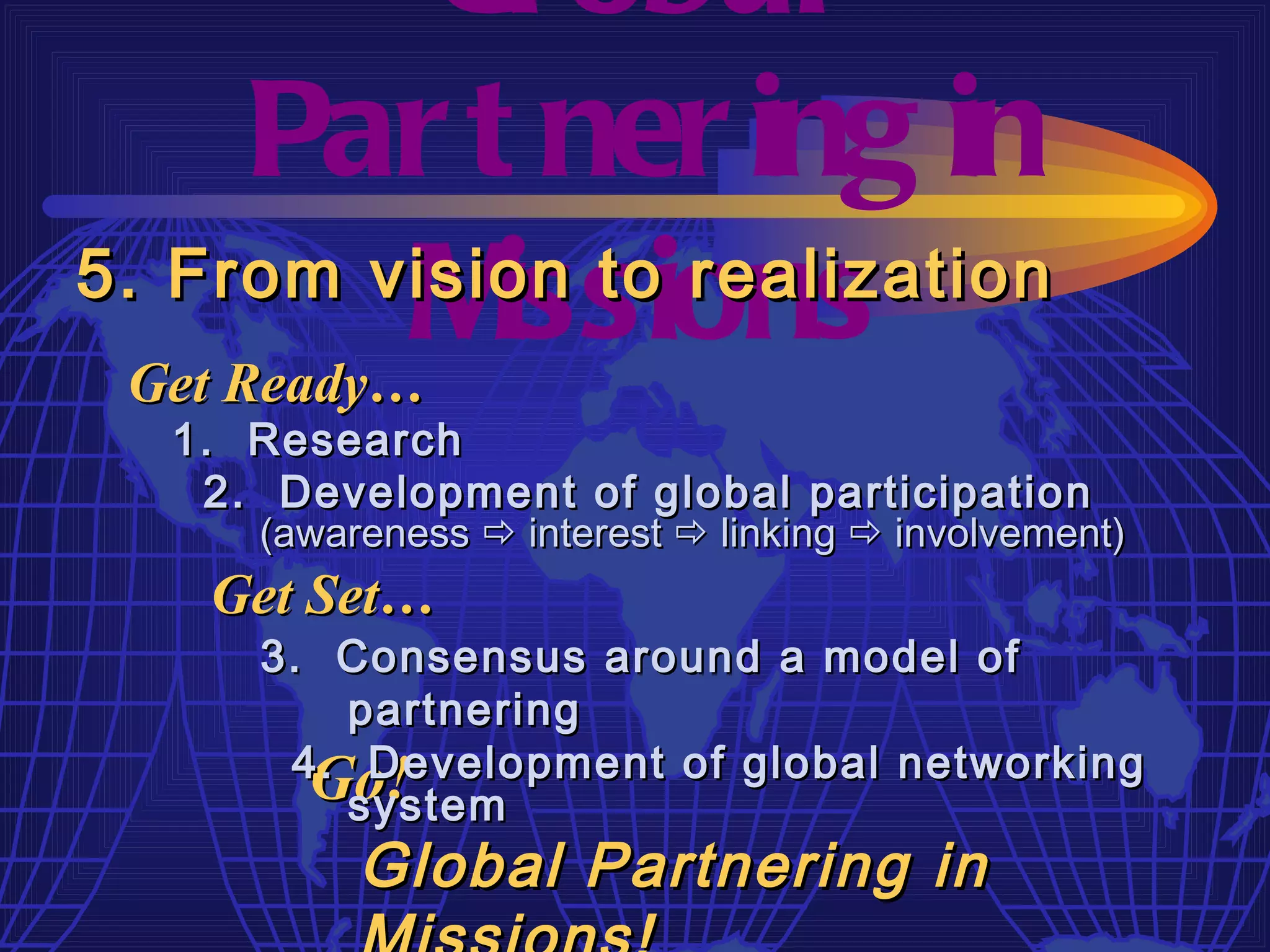 Gl obal
      Par t ner ing in
           M issions
5. From vision to realization
 Get Ready…
  1. Research
   2. Development of global participation
     (awareness  interest  linking  involvement)
   Get Set…
     3. Consensus around a model of
        partnering
      4. Development of global networking
       Go!
        system
          Global Partnering in
 
