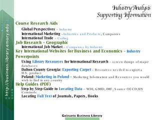 Industry Analysis Supporting Information Course Research Aids Global Perspectives  –  Industry International Marketing  – Industries and Products , Companies International Trade  –  Coding Job Research – Geographic International Job Market  –  Companies by Industry Key International Websites for Business and Economics  –  Industry Powerpoints Using  Library Resources  for International Research  – screen dumps of major databases  Dalton County Georgia:  Exporting Carpet   – Resources needed to export a U.S. product  Poland:  Marketing in Poland  –  Marketing Information and Resources you would wish to find in any country Help Guides (PDF) Step by Step Guide to  Locating Data   – WDI, GMID, IMF, Source OECD,UN Comtrade Locating  Full Text  of Journals, Papers, Books 