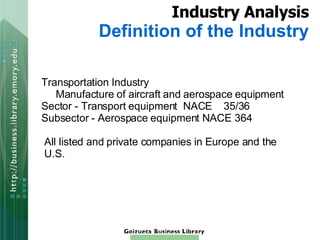Transportation Industry Manufacture of aircraft and aerospace equipment Sector - Transport equipment  NACE  35/36 Subsector - Aerospace equipment NACE 364  All listed and private companies in Europe and the  U.S. Industry Analysis Definition of the Industry 
