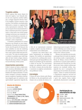 WWW.MUSICAEMERCADO.COM.BR 109
Vida de Lojista Mania de Música
Tragédia súbita
Porém, apenas dois meses depois do
início do negócio, Luiz Eduardo fale-
ceu de uma isquemia cerebral súbita,
que o atingiu enquanto dormia. Dian-
te da tragédia, Luciene assumiu a loja
sozinha, e foi também convidada pelas
fabricantes a manter os negócios dele
como representante comercial. “Preci-
sei me manter firme emocionalmente e
forte o suficiente para tocar a represen-
tação e a loja. Junto com minha equipe
consegui atravessar esse momento e a
loja está caminhando na crescente, as-
sim como o meu trabalho como repre-
sentante”, conta a empresária.
O histórico profissional de Luciene
favoreceu sua entrada no novo empre-
endimento. Formada em Comunicação
Social, ela já foi gerente de loja por seis
anos; trabalhou no setor de marketing
de multinacionais e, além disso, foi can-
tora, o que a atraiu ainda mais para atu-
ar no setor. “Por meio da música passei
a conhecer os produtos que vendo hoje,
além de fazer muitos amigos músicos.
Hoje eles são meus clientes e divulgado-
res da minha loja”, revela Luciene.
Importantes parcerias
Como é comum no início, a lojista tam-
bém encontrou dificuldades para nego-
ciar com grandes fornecedores sem ter
históricodecomprasanteriores.“Écomo
tentar conseguir o primeiro emprego: é
preciso comprovar experiência anterior,
mas ninguém quer ser o primeiro a dar
oportunidade”, argumenta. Segundo ela,
Mania de Música
Ano de fundação: 2008
Proprietária: Luciene Soares
Número de funcionários: 5
Área da loja: 30 m²
Endereço da loja: Praça Saens Pena
– Shopping 45, 3º piso, lj. 302, Tijuca,
Rio de Janeiro, RJ
Telefones: (21) 3795-5096 / 3795-5097
MSN: sac@maniademusica.com
Site: www.maniademusica.com
Participação no
faturamento da loja
Cordas – 40%
Teclas – 15%
Bateria/percussão – 5%
Sopro – 5%
Acessórios – 30%
Áudio – 5%
o fato de ser representante comercial
a ajudou a superar essa fase, devido ao
contatodiretocomosfabricantes.
A parceria com outras lojas é um
ponto fundamental na estratégia da
empresa. Por também ser representan-
te, é preciso ter a confiança dos concor-
rentesparaquenãohajaproblemascom
relação aos produtos que ela representa
e vende em sua loja. “Os concorrentes
sempre me ajudaram muito no negó-
cio. Desde o começo, eles me dão dicas
e mantemos os negócios normalmente,
sem problemas”, revela.
Estratégia
A busca de novos clientes pela Mania
de Música se dá, principalmente, pela
relação com as escolas de música e es-
Equipe Mania de Música: da esq. para
a dir., Nayana Bravo, Luciene Soares,
Roberto Lacerda e Carlos Andrade
túdiosdegravaçãodaregião.“Promovo
vários workshops nas escolas de músi-
ca junto com os fabricantes. Tem dado
muito certo”, afirma Luciene.
Mesmocomalojabemestruturada,
a principal fonte de renda da empresá-
ria continua sendo a representação. A
Mania de Música cresceu 64% desde
sua abertura e Luciene espera dobrar o
faturamentoatéofinaldoano.Aocabo
de um ano e meio, a lojista confessa que
esperava um resultado melhor, mas,
segundo ela, isso é consequência do
entusiasmo de marinheiro de primeira
viagem. “Todas as minhas frustrações
e experiências negativas serviram de
aprendizado e me tornaram mais apta
a gerir meu negócio. Estou sempre
aprendendo, diariamente”, conclui. 
mm50_vidadelojista.indd 109 04/09/2010 11:27:59
 