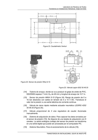 Laboratorio de Mecánica de Fluidos
Transitorios en Instalaciones Hidráulicas. Golpe de Ariete
TRANSITORIOS EN INSTALACIONES. GOLPE DE ARIETE-45
Figura 23. Caudalímetro Venturi
Figura 24. Sensor de presión Wika S-10
Figura 25. Válvula Legris 4202 50 48 20
{14} Tubería de ensayo, donde se va a producir el golpe de ariete de PVC,
D63/DN50 espesor 7 mml, Dint de 49 mm y longitud de ensayo de 10.7 m.
{15} Sensor de presión WIKA S-10 (Figura 24). Rango de presión de 0 a
16 bar absolutos con salida en tensión de 0 a 10 V DC. Transduce el
valor de la presión a una señal eléctrica de corriente continua.
{16} Válvula de cierre rápido mediante actuador neumático LEGRIS 4202
50 48 20 (Figura 25).
{17} Válvula proporcional de 3 vías reguladora de caudal. Accionada
manualmente.
{18} Sistema de adquisición de datos. Para capturar los datos enviados por
el sensor de presión {15}. Se dispone de una tarjeta de adquisición con 8
canales. La señal analógica (voltaje) del sensor de presión se transforma
en una señal digital que puede ser procesada por el computador PC.
{19} Sistema Neumático. Para el accionamiento de la válvula {16}.
 