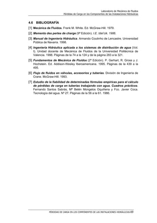 Laboratorio de Mecánica de Fluidos
Pérdidas de Carga en los Componentes de las Instalaciones Hidráulicas
PÉRDIDAS DE CARGA EN LOS COMPONENTES DE LAS INSTALACIONES HIDRÁULICAS-69
4.6 BIBLIOGRAFÍA
[1] Mecánica de Fluidos. Frank M. White. Ed. McGraw-Hill. 1979.
[2] Memento des pertes de charge (9ª Edición). I.E. Idel’cik. 1986.
[3] Manual de Ingeniería Hidráulica. Armando Coutinho de Lencastre. Universidad
Pública de Navarra. 1998.
[4] Ingeniería Hidráulica aplicada a los sistemas de distribución de agua (Vol.
I). Unidad docente de Mecánica de Fluidos de la Universidad Politécnica de
Valencia. 1996. Páginas de la 74 a la 124 y de la página 283 a la 321.
[5] Fundamentos de Mecánica de Fluidos (2ª Edición). P. Gerhart, R. Gross y J.
Hochstein. Ed. Addison-Wesley Iberoamericana. 1995. Páginas de la 439 a la
495.
[6] Flujo de fluidos en válvulas, accesorios y tuberías. División de Ingeniería de
Crane. McGraw-Hill. 1993.
[7] Estudio de la fiabilidad de determinadas fórmulas empíricas para el cálculo
de pérdidas de carga en tuberías trabajando con agua. Cuadros prácticos.
Fernando Santos Sabrás, Mª Belén Mongelos Oquiñena y Fco. Javier Coca.
Tecnología del agua. Nº 27. Páginas de la 56 a la 61. 1986.
 