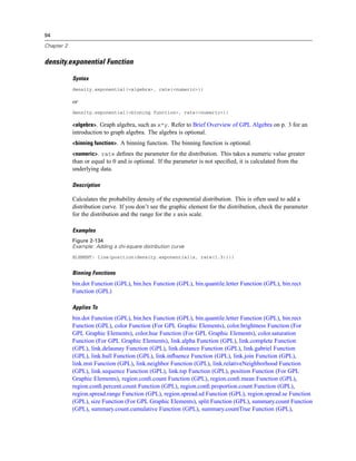 94
Chapter 2
density.exponential Function
Syntax
density.exponential(<algebra>, rate(<numeric>))
or
density.exponential(<binning function>, rate(<numeric>))
<algebra>. Graph algebra, such as x*y. Refer to Brief Overview of GPL Algebra on p. 3 for an
introduction to graph algebra. The algebra is optional.
<binning function>. A binning function. The binning function is optional.
<numeric>. rate deﬁnes the parameter for the distribution. This takes a numeric value greater
than or equal to 0 and is optional. If the parameter is not speciﬁed, it is calculated from the
underlying data.
Description
Calculates the probability density of the exponential distribution. This is often used to add a
distribution curve. If you don’t see the graphic element for the distribution, check the parameter
for the distribution and the range for the x axis scale.
Examples
Figure 2-134
Example: Adding a chi-square distribution curve
ELEMENT: line(position(density.exponential(x, rate(1.5))))
Binning Functions
bin.dot Function (GPL), bin.hex Function (GPL), bin.quantile.letter Function (GPL), bin.rect
Function (GPL)
Applies To
bin.dot Function (GPL), bin.hex Function (GPL), bin.quantile.letter Function (GPL), bin.rect
Function (GPL), color Function (For GPL Graphic Elements), color.brightness Function (For
GPL Graphic Elements), color.hue Function (For GPL Graphic Elements), color.saturation
Function (For GPL Graphic Elements), link.alpha Function (GPL), link.complete Function
(GPL), link.delaunay Function (GPL), link.distance Function (GPL), link.gabriel Function
(GPL), link.hull Function (GPL), link.inﬂuence Function (GPL), link.join Function (GPL),
link.mst Function (GPL), link.neighbor Function (GPL), link.relativeNeighborhood Function
(GPL), link.sequence Function (GPL), link.tsp Function (GPL), position Function (For GPL
Graphic Elements), region.conﬁ.count Function (GPL), region.conﬁ.mean Function (GPL),
region.conﬁ.percent.count Function (GPL), region.conﬁ.proportion.count Function (GPL),
region.spread.range Function (GPL), region.spread.sd Function (GPL), region.spread.se Function
(GPL), size Function (For GPL Graphic Elements), split Function (GPL), summary.count Function
(GPL), summary.count.cumulative Function (GPL), summary.countTrue Function (GPL),
 