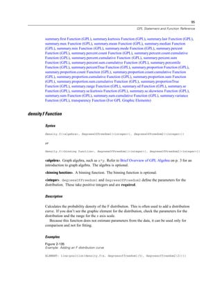 95
GPL Statement and Function Reference
summary.ﬁrst Function (GPL), summary.kurtosis Function (GPL), summary.last Function (GPL),
summary.max Function (GPL), summary.mean Function (GPL), summary.median Function
(GPL), summary.min Function (GPL), summary.mode Function (GPL), summary.percent
Function (GPL), summary.percent.count Function (GPL), summary.percent.count.cumulative
Function (GPL), summary.percent.cumulative Function (GPL), summary.percent.sum
Function (GPL), summary.percent.sum.cumulative Function (GPL), summary.percentile
Function (GPL), summary.percentTrue Function (GPL), summary.proportion Function (GPL),
summary.proportion.count Function (GPL), summary.proportion.count.cumulative Function
(GPL), summary.proportion.cumulative Function (GPL), summary.proportion.sum Function
(GPL), summary.proportion.sum.cumulative Function (GPL), summary.proportionTrue
Function (GPL), summary.range Function (GPL), summary.sd Function (GPL), summary.se
Function (GPL), summary.se.kurtosis Function (GPL), summary.se.skewness Function (GPL),
summary.sum Function (GPL), summary.sum.cumulative Function (GPL), summary.variance
Function (GPL), transparency Function (For GPL Graphic Elements)
density.f Function
Syntax
density.f(<algebra>, degreesOfFreedom1(<integer>), degreesOfFreedom2(<integer>))
or
density.f(<binning function>, degreesOfFreedom1(<integer>), degreesOfFreedom2(<integer>))
<algebra>. Graph algebra, such as x*y. Refer to Brief Overview of GPL Algebra on p. 3 for an
introduction to graph algebra. The algebra is optional.
<binning function>. A binning function. The binning function is optional.
<integer>. degreesOfFreedom1 and degreesOfFreedom2 deﬁne the parameters for the
distribution. These take positive integers and are required.
Description
Calculates the probability density of the F distribution. This is often used to add a distribution
curve. If you don’t see the graphic element for the distribution, check the parameters for the
distribution and the range for the x axis scale.
Because this function does not estimate parameters from the data, it can be used only for
comparison and not for ﬁtting.
Examples
Figure 2-135
Example: Adding an F distribution curve
ELEMENT: line(position(density.f(x, degreesoffreedom1(5), degreesoffreedom2(2))))
 