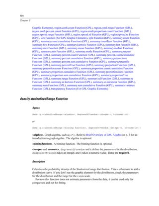 104
Chapter 2
Graphic Elements), region.conﬁ.count Function (GPL), region.conﬁ.mean Function (GPL),
region.conﬁ.percent.count Function (GPL), region.conﬁ.proportion.count Function (GPL),
region.spread.range Function (GPL), region.spread.sd Function (GPL), region.spread.se Function
(GPL), size Function (For GPL Graphic Elements), split Function (GPL), summary.count Function
(GPL), summary.count.cumulative Function (GPL), summary.countTrue Function (GPL),
summary.ﬁrst Function (GPL), summary.kurtosis Function (GPL), summary.last Function (GPL),
summary.max Function (GPL), summary.mean Function (GPL), summary.median Function
(GPL), summary.min Function (GPL), summary.mode Function (GPL), summary.percent
Function (GPL), summary.percent.count Function (GPL), summary.percent.count.cumulative
Function (GPL), summary.percent.cumulative Function (GPL), summary.percent.sum
Function (GPL), summary.percent.sum.cumulative Function (GPL), summary.percentile
Function (GPL), summary.percentTrue Function (GPL), summary.proportion Function (GPL),
summary.proportion.count Function (GPL), summary.proportion.count.cumulative Function
(GPL), summary.proportion.cumulative Function (GPL), summary.proportion.sum Function
(GPL), summary.proportion.sum.cumulative Function (GPL), summary.proportionTrue
Function (GPL), summary.range Function (GPL), summary.sd Function (GPL), summary.se
Function (GPL), summary.se.kurtosis Function (GPL), summary.se.skewness Function (GPL),
summary.sum Function (GPL), summary.sum.cumulative Function (GPL), summary.variance
Function (GPL), transparency Function (For GPL Graphic Elements)
density.studentizedRange Function
Syntax
density.studentizedRange(<algebra>, degreesOfFreedom(<integer>), k(<numeric>))
or
density.studentizedRange(<binning function>, degreesOfFreedom(<integer>), k(<numeric>))
<algebra>. Graph algebra, such as x*y. Refer to Brief Overview of GPL Algebra on p. 3 for an
introduction to graph algebra. The algebra is optional.
<binning function>. A binning function. The binning function is optional.
<integer> and <numeric>. degreesOfFreedom and k deﬁne the parameters for the distribution.
degreesOfFreedom takes an integer, and k takes a numeric value. These are required.
Description
Calculates the probability density of the Studentized range distribution. This is often used to add a
distribution curve. If you don’t see the graphic element for the distribution, check the parameters
for the distribution and the range for the x axis scale.
Because this function does not estimate parameters from the data, it can be used only for
comparison and not for ﬁtting.
 