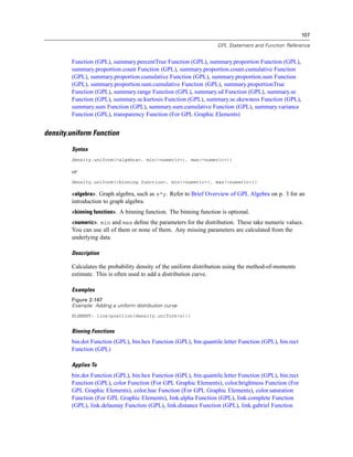 107
GPL Statement and Function Reference
Function (GPL), summary.percentTrue Function (GPL), summary.proportion Function (GPL),
summary.proportion.count Function (GPL), summary.proportion.count.cumulative Function
(GPL), summary.proportion.cumulative Function (GPL), summary.proportion.sum Function
(GPL), summary.proportion.sum.cumulative Function (GPL), summary.proportionTrue
Function (GPL), summary.range Function (GPL), summary.sd Function (GPL), summary.se
Function (GPL), summary.se.kurtosis Function (GPL), summary.se.skewness Function (GPL),
summary.sum Function (GPL), summary.sum.cumulative Function (GPL), summary.variance
Function (GPL), transparency Function (For GPL Graphic Elements)
density.uniform Function
Syntax
density.uniform(<algebra>, min(<numeric>), max(<numeric>))
or
density.uniform(<binning function>, min(<numeric>), max(<numeric>))
<algebra>. Graph algebra, such as x*y. Refer to Brief Overview of GPL Algebra on p. 3 for an
introduction to graph algebra.
<binning function>. A binning function. The binning function is optional.
<numeric>. min and max deﬁne the parameters for the distribution. These take numeric values.
You can use all of them or none of them. Any missing parameters are calculated from the
underlying data.
Description
Calculates the probability density of the uniform distribution using the method-of-moments
estimate. This is often used to add a distribution curve.
Examples
Figure 2-147
Example: Adding a uniform distribution curve
ELEMENT: line(position(density.uniform(x)))
Binning Functions
bin.dot Function (GPL), bin.hex Function (GPL), bin.quantile.letter Function (GPL), bin.rect
Function (GPL)
Applies To
bin.dot Function (GPL), bin.hex Function (GPL), bin.quantile.letter Function (GPL), bin.rect
Function (GPL), color Function (For GPL Graphic Elements), color.brightness Function (For
GPL Graphic Elements), color.hue Function (For GPL Graphic Elements), color.saturation
Function (For GPL Graphic Elements), link.alpha Function (GPL), link.complete Function
(GPL), link.delaunay Function (GPL), link.distance Function (GPL), link.gabriel Function
 