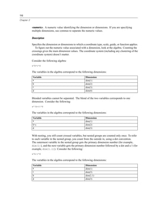 110
Chapter 2
<numeric>. A numeric value identifying the dimension or dimensions. If you are specifying
multiple dimensions, use commas to separate the numeric values.
Description
Speciﬁes the dimension or dimensions to which a coordinate type, scale, guide, or function applies.
To ﬁgure out the numeric value associated with a dimension, look at the algebra. Counting the
crossings gives the main dimension values. The coordinate system (including any clustering of the
coordinate system) doesn’t matter.
Consider the following algebra:
a*b*c*d
The variables in the algebra correspond to the following dimensions:
Variable Dimension
a dim(1)
b dim(2)
c dim(3)
d dim(4)
Blended variables cannot be separated. The blend of the two variables corresponds to one
dimension. Consider the following:
a*(b+c)*d
The variables in the algebra correspond to the following dimensions:
Variable Dimension
a dim(1)
b+c dim(2)
d dim(3)
With nesting, you still count crossed variables, but nested groups are counted only once. To refer
to each variable in the nested group, you count from the outside in, using a dot convention.
The outermost variable in the nested group gets the primary dimension number (for example,
dim(1)), and the next variable gets the primary dimension number followed by a dot and a 1 (for
example, dim(1.1)). Consider the following:
a*b/c*d
The variables in the algebra correspond to the following dimensions:
Variable Dimension
a dim(1)
c dim(2)
b dim(2.1)
d dim(3)
 
