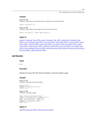 111
GPL Statement and Function Reference
Examples
Figure 2-149
Example: Specifying a two-dimensional, rectangular coordinate system
COORD: rect(dim(1,2))
Figure 2-150
Example: Specifying an axis label for the second dimension
GUIDE: axis(dim(2), label("Mean Salary"))
Applies To
parallel Coordinate Type (GPL), polar Coordinate Type (GPL), polar.theta Coordinate Type
(GPL), rect Coordinate Type (GPL), asn Scale (GPL), atanh Scale (GPL), cat Scale (GPL), linear
Scale (GPL), log Scale (GPL), logit Scale (GPL), pow Scale (GPL), prob Scale (GPL), probit
Scale (GPL), safeLog Scale (GPL), safePower Scale (GPL), time Scale (GPL), axis Guide Type
(GPL), base.coordinate Function (GPL), bin.dot Function (GPL), bin.hex Function (GPL), bin.rect
Function (GPL), reﬂect Function (GPL)
end Function
Syntax
end()
Description
Speciﬁes the end of the GPL block that deﬁnes a particular graph or page.
Examples
Figure 2-151
Example: Defining a particular graph
GRAPH: begin()
ELEMENT: line(position(x*y))
GRAPH: end()
Figure 2-152
Example: Defining a page
PAGE: begin(scale(400px,300px))
SOURCE: s=csvSource(file("mydata.csv"))
DATA: x=col(source(s), name("x"))
DATA: y=col(source(s), name("y"))
ELEMENT: line(position(x*y))
PAGE: end()
Applies To
GRAPH Statement (GPL), PAGE Statement (GPL)
 