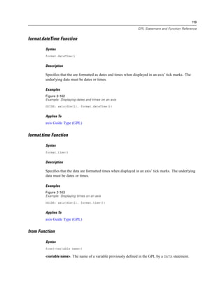 119
GPL Statement and Function Reference
format.dateTime Function
Syntax
format.dateTime()
Description
Speciﬁes that the are formatted as dates and times when displayed in an axis’ tick marks. The
underlying data must be dates or times.
Examples
Figure 2-162
Example: Displaying dates and times on an axis
GUIDE: axis(dim(1), format.dateTime())
Applies To
axis Guide Type (GPL)
format.time Function
Syntax
format.time()
Description
Speciﬁes that the data are formatted times when displayed in an axis’ tick marks. The underlying
data must be dates or times.
Examples
Figure 2-163
Example: Displaying times on an axis
GUIDE: axis(dim(1), format.time())
Applies To
axis Guide Type (GPL)
from Function
Syntax
from(<variable name>)
<variable name>. The name of a variable previously deﬁned in the GPL by a DATA statement.
 