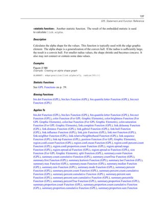137
GPL Statement and Function Reference
<statistic function>. Another statistic function. The result of the embedded statistic is used
to calculate link.alpha.
Description
Calculates the alpha shape for the values. This function is typically used with the edge graphic
element. The alpha shape is a generalization of the convex hull. If the radius is sufﬁciently large,
the result is a convex hull. For smaller radius values, the shape shrinks and becomes concave. It
also may not connect or contain some data values.
Examples
Figure 2-190
Example: Creating an alpha shape graph
ELEMENT: edge(position(link.alpha(x*y, radius(50))))
Statistic Functions
See GPL Functions on p. 59.
Binning Functions
bin.dot Function (GPL), bin.hex Function (GPL), bin.quantile.letter Function (GPL), bin.rect
Function (GPL)
Applies To
bin.dot Function (GPL), bin.hex Function (GPL), bin.quantile.letter Function (GPL), bin.rect
Function (GPL), color Function (For GPL Graphic Elements), color.brightness Function (For
GPL Graphic Elements), color.hue Function (For GPL Graphic Elements), color.saturation
Function (For GPL Graphic Elements), link.complete Function (GPL), link.delaunay Function
(GPL), link.distance Function (GPL), link.gabriel Function (GPL), link.hull Function
(GPL), link.inﬂuence Function (GPL), link.join Function (GPL), link.mst Function (GPL),
link.neighbor Function (GPL), link.relativeNeighborhood Function (GPL), link.sequence
Function (GPL), link.tsp Function (GPL), position Function (For GPL Graphic Elements),
region.conﬁ.count Function (GPL), region.conﬁ.mean Function (GPL), region.conﬁ.percent.count
Function (GPL), region.conﬁ.proportion.count Function (GPL), region.spread.range
Function (GPL), region.spread.sd Function (GPL), region.spread.se Function (GPL), size
Function (For GPL Graphic Elements), split Function (GPL), summary.count Function
(GPL), summary.count.cumulative Function (GPL), summary.countTrue Function (GPL),
summary.ﬁrst Function (GPL), summary.kurtosis Function (GPL), summary.last Function (GPL),
summary.max Function (GPL), summary.mean Function (GPL), summary.median Function
(GPL), summary.min Function (GPL), summary.mode Function (GPL), summary.percent
Function (GPL), summary.percent.count Function (GPL), summary.percent.count.cumulative
Function (GPL), summary.percent.cumulative Function (GPL), summary.percent.sum
Function (GPL), summary.percent.sum.cumulative Function (GPL), summary.percentile
Function (GPL), summary.percentTrue Function (GPL), summary.proportion Function (GPL),
summary.proportion.count Function (GPL), summary.proportion.count.cumulative Function
(GPL), summary.proportion.cumulative Function (GPL), summary.proportion.sum Function
 