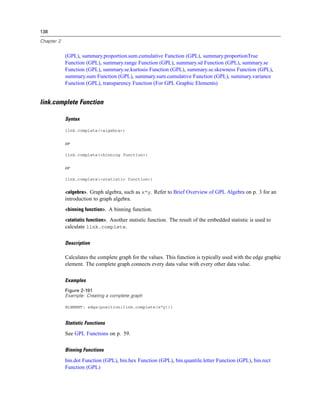 138
Chapter 2
(GPL), summary.proportion.sum.cumulative Function (GPL), summary.proportionTrue
Function (GPL), summary.range Function (GPL), summary.sd Function (GPL), summary.se
Function (GPL), summary.se.kurtosis Function (GPL), summary.se.skewness Function (GPL),
summary.sum Function (GPL), summary.sum.cumulative Function (GPL), summary.variance
Function (GPL), transparency Function (For GPL Graphic Elements)
link.complete Function
Syntax
link.complete(<algebra>)
or
link.complete(<binning function>)
or
link.complete(<statistic function>)
<algebra>. Graph algebra, such as x*y. Refer to Brief Overview of GPL Algebra on p. 3 for an
introduction to graph algebra.
<binning function>. A binning function.
<statistic function>. Another statistic function. The result of the embedded statistic is used to
calculate link.complete.
Description
Calculates the complete graph for the values. This function is typically used with the edge graphic
element. The complete graph connects every data value with every other data value.
Examples
Figure 2-191
Example: Creating a complete graph
ELEMENT: edge(position(link.complete(x*y)))
Statistic Functions
See GPL Functions on p. 59.
Binning Functions
bin.dot Function (GPL), bin.hex Function (GPL), bin.quantile.letter Function (GPL), bin.rect
Function (GPL)
 