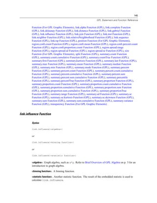 145
GPL Statement and Function Reference
Function (For GPL Graphic Elements), link.alpha Function (GPL), link.complete Function
(GPL), link.delaunay Function (GPL), link.distance Function (GPL), link.gabriel Function
(GPL), link.inﬂuence Function (GPL), link.join Function (GPL), link.mst Function (GPL),
link.neighbor Function (GPL), link.relativeNeighborhood Function (GPL), link.sequence
Function (GPL), link.tsp Function (GPL), position Function (For GPL Graphic Elements),
region.conﬁ.count Function (GPL), region.conﬁ.mean Function (GPL), region.conﬁ.percent.count
Function (GPL), region.conﬁ.proportion.count Function (GPL), region.spread.range
Function (GPL), region.spread.sd Function (GPL), region.spread.se Function (GPL), size
Function (For GPL Graphic Elements), split Function (GPL), summary.count Function
(GPL), summary.count.cumulative Function (GPL), summary.countTrue Function (GPL),
summary.ﬁrst Function (GPL), summary.kurtosis Function (GPL), summary.last Function (GPL),
summary.max Function (GPL), summary.mean Function (GPL), summary.median Function
(GPL), summary.min Function (GPL), summary.mode Function (GPL), summary.percent
Function (GPL), summary.percent.count Function (GPL), summary.percent.count.cumulative
Function (GPL), summary.percent.cumulative Function (GPL), summary.percent.sum
Function (GPL), summary.percent.sum.cumulative Function (GPL), summary.percentile
Function (GPL), summary.percentTrue Function (GPL), summary.proportion Function (GPL),
summary.proportion.count Function (GPL), summary.proportion.count.cumulative Function
(GPL), summary.proportion.cumulative Function (GPL), summary.proportion.sum Function
(GPL), summary.proportion.sum.cumulative Function (GPL), summary.proportionTrue
Function (GPL), summary.range Function (GPL), summary.sd Function (GPL), summary.se
Function (GPL), summary.se.kurtosis Function (GPL), summary.se.skewness Function (GPL),
summary.sum Function (GPL), summary.sum.cumulative Function (GPL), summary.variance
Function (GPL), transparency Function (For GPL Graphic Elements)
link.influence Function
Syntax
link.influence(<algebra>)
or
link.influence(<binning function>)
or
link.influence(<statistic function>)
<algebra>. Graph algebra, such as x*y. Refer to Brief Overview of GPL Algebra on p. 3 for an
introduction to graph algebra.
<binning function>. A binning function.
<statistic function>. Another statistic function. The result of the embedded statistic is used to
calculate link.influence.
 