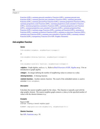 150
Chapter 2
Function (GPL), summary.percent.cumulative Function (GPL), summary.percent.sum
Function (GPL), summary.percent.sum.cumulative Function (GPL), summary.percentile
Function (GPL), summary.percentTrue Function (GPL), summary.proportion Function (GPL),
summary.proportion.count Function (GPL), summary.proportion.count.cumulative Function
(GPL), summary.proportion.cumulative Function (GPL), summary.proportion.sum Function
(GPL), summary.proportion.sum.cumulative Function (GPL), summary.proportionTrue
Function (GPL), summary.range Function (GPL), summary.sd Function (GPL), summary.se
Function (GPL), summary.se.kurtosis Function (GPL), summary.se.skewness Function (GPL),
summary.sum Function (GPL), summary.sum.cumulative Function (GPL), summary.variance
Function (GPL), transparency Function (For GPL Graphic Elements)
link.neighbor Function
Syntax
link.neighbor(<algebra>, neighborCount(<integer>))
or
link.neighbor(<binning function>, neighborCount(<integer>))
or
link.neighbor(<statistic function>, neighborCount(<integer>))
<algebra>. Graph algebra, such as x*y. Refer to Brief Overview of GPL Algebra on p. 3 for an
introduction to graph algebra.
<integer>. An integer deﬁning the number of neighboring values to connect to a value.
<binning function>. A binning function.
<statistic function>. Another statistic function. The result of the embedded statistic is used to
calculate link.neighbor.
Description
Calculates the nearest neighbor graph for the values. This function is typically used with the
edge graphic element. The nearest neighbor graph connects a value p to the speciﬁed number of
values with the shortest distance to p.
Examples
Figure 2-200
Example: Creating a nearest neighbor graph
ELEMENT: edge(position(link.neighbor(x*y, neighborCount(3))))
Statistic Functions
See GPL Functions on p. 59.
 