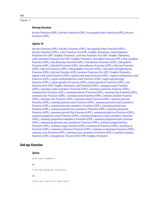 154
Chapter 2
Binning Functions
bin.dot Function (GPL), bin.hex Function (GPL), bin.quantile.letter Function (GPL), bin.rect
Function (GPL)
Applies To
bin.dot Function (GPL), bin.hex Function (GPL), bin.quantile.letter Function (GPL),
bin.rect Function (GPL), color Function (For GPL Graphic Elements), color.brightness
Function (For GPL Graphic Elements), color.hue Function (For GPL Graphic Elements),
color.saturation Function (For GPL Graphic Elements), link.alpha Function (GPL), link.complete
Function (GPL), link.delaunay Function (GPL), link.distance Function (GPL), link.gabriel
Function (GPL), link.hull Function (GPL), link.inﬂuence Function (GPL), link.join Function
(GPL), link.mst Function (GPL), link.neighbor Function (GPL), link.relativeNeighborhood
Function (GPL), link.tsp Function (GPL), position Function (For GPL Graphic Elements),
region.conﬁ.count Function (GPL), region.conﬁ.mean Function (GPL), region.conﬁ.percent.count
Function (GPL), region.conﬁ.proportion.count Function (GPL), region.spread.range
Function (GPL), region.spread.sd Function (GPL), region.spread.se Function (GPL), size
Function (For GPL Graphic Elements), split Function (GPL), summary.count Function
(GPL), summary.count.cumulative Function (GPL), summary.countTrue Function (GPL),
summary.ﬁrst Function (GPL), summary.kurtosis Function (GPL), summary.last Function (GPL),
summary.max Function (GPL), summary.mean Function (GPL), summary.median Function
(GPL), summary.min Function (GPL), summary.mode Function (GPL), summary.percent
Function (GPL), summary.percent.count Function (GPL), summary.percent.count.cumulative
Function (GPL), summary.percent.cumulative Function (GPL), summary.percent.sum
Function (GPL), summary.percent.sum.cumulative Function (GPL), summary.percentile
Function (GPL), summary.percentTrue Function (GPL), summary.proportion Function (GPL),
summary.proportion.count Function (GPL), summary.proportion.count.cumulative Function
(GPL), summary.proportion.cumulative Function (GPL), summary.proportion.sum Function
(GPL), summary.proportion.sum.cumulative Function (GPL), summary.proportionTrue
Function (GPL), summary.range Function (GPL), summary.sd Function (GPL), summary.se
Function (GPL), summary.se.kurtosis Function (GPL), summary.se.skewness Function (GPL),
summary.sum Function (GPL), summary.sum.cumulative Function (GPL), summary.variance
Function (GPL), transparency Function (For GPL Graphic Elements)
link.tsp Function
Syntax
link.tsp(<algebra>)
or
link.tsp(<binning function>)
or
link.tsp(<statistic function>)
 
