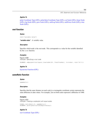 183
GPL Statement and Function Reference
Applies To
polar Coordinate Type (GPL), polar.theta Coordinate Type (GPL), cat Scale (GPL), linear Scale
(GPL), log Scale (GPL), pow Scale (GPL), safeLog Scale (GPL), safePower Scale (GPL), time
Scale (GPL)
root Function
Syntax
root("variable value")
“variable value”. A variable value.
Description
Speciﬁes which node is the root node. This corresponds to a value for the variable identiﬁed
by the node function.
Examples
Figure 2-250
Example: Specifying a root node
ELEMENT: edge(position(layout.tree(node(id), from(fromVar), to(toVar), root("A"))))
Applies To
layout.tree Function (GPL)
sameRatio Function
Syntax
sameRatio()
Description
Speciﬁes that the same distance on each scale in a rectangular coordinate system represents the
same difference in data values. For example, 2cm on both scales represent a difference of 1000.
Examples
Figure 2-251
Example: Creating a scatterplot with equal scales
COORD: rect(dim(1,2), sameRatio())
ELEMENT: point(position(salbegin*salary))
Applies To
rect Coordinate Type (GPL)
 