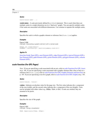 186
Chapter 2
Syntax
scale(<scale name> ...)
<scale name>. A scale previously deﬁned by a SCALE statement. This is used when there are
multiple scales in a single dimension (as in a “dual-axis” graph). You can specify multiple scales
if the scales are associated with different dimensions. Use commas to separate the multiple scales.
Description
Speciﬁes the scale to which a graphic element or reference line (form.line) applies.
Examples
Figure 2-256
Example: Associating a graphic element with a named scale
SCALE: y2= linear(dim(2))
ELEMENT: line(scale(y2), position(summary.count(x)))
Applies To
form.line Guide Type (GPL), area Element (GPL), edge Element (GPL), interval Element (GPL),
line Element (GPL), path Element (GPL), point Element (GPL), polygon Element (GPL), schema
Element (GPL)
scale Function (For GPL Pages)
Note: If you are specifying a scale associated with an axis, refer to scale Function (For GPL Axes)
on p. 184. If you are specifying a scale associated with a graphic element (like a bar or line) or a
reference line (form.line), refer to scale Function (For GPL Graphic Elements and form.line) on
p. 185. If you are specifying a size for a graph, refer to scale Function (For GPL Graphs) on p. 185.
Syntax
scale(<value>, <value>)
<value>. Indicates an absolute value for the page size. The ﬁrst value indicates the x component
of the size (width), and the second value indicates the y component of the size (height). Units
can be included with either value (e.g., 600px, 15cm, or 5in). If units are omitted, they are
assumed to be pixels.
Description
Speciﬁes the size of the graph.
Examples
Figure 2-257
Example: Sizing a visualization
PAGE: begin(scale(500px, 400px))
 