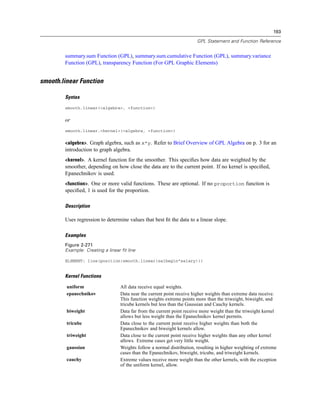 193
GPL Statement and Function Reference
summary.sum Function (GPL), summary.sum.cumulative Function (GPL), summary.variance
Function (GPL), transparency Function (For GPL Graphic Elements)
smooth.linear Function
Syntax
smooth.linear(<algebra>, <function>)
or
smooth.linear.<kernel>(<algebra, <function>)
<algebra>. Graph algebra, such as x*y. Refer to Brief Overview of GPL Algebra on p. 3 for an
introduction to graph algebra.
<kernel>. A kernel function for the smoother. This speciﬁes how data are weighted by the
smoother, depending on how close the data are to the current point. If no kernel is speciﬁed,
Epanechnikov is used.
<function>. One or more valid functions. These are optional. If no proportion function is
speciﬁed, 1 is used for the proportion.
Description
Uses regression to determine values that best ﬁt the data to a linear slope.
Examples
Figure 2-271
Example: Creating a linear fit line
ELEMENT: line(position(smooth.linear(salbegin*salary)))
Kernel Functions
uniform All data receive equal weights.
epanechnikov Data near the current point receive higher weights than extreme data receive.
This function weights extreme points more than the triweight, biweight, and
tricube kernels but less than the Gaussian and Cauchy kernels.
biweight Data far from the current point receive more weight than the triweight kernel
allows but less weight than the Epanechnikov kernel permits.
tricube Data close to the current point receive higher weights than both the
Epanechnikov and biweight kernels allow.
triweight Data close to the current point receive higher weights than any other kernel
allows. Extreme cases get very little weight.
gaussian Weights follow a normal distribution, resulting in higher weighting of extreme
cases than the Epanechnikov, biweight, tricube, and triweight kernels.
cauchy Extreme values receive more weight than the other kernels, with the exception
of the uniform kernel, allow.
 