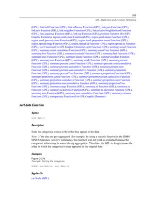 203
GPL Statement and Function Reference
(GPL), link.hull Function (GPL), link.inﬂuence Function (GPL), link.join Function (GPL),
link.mst Function (GPL), link.neighbor Function (GPL), link.relativeNeighborhood Function
(GPL), link.sequence Function (GPL), link.tsp Function (GPL), position Function (For GPL
Graphic Elements), region.conﬁ.count Function (GPL), region.conﬁ.mean Function (GPL),
region.conﬁ.percent.count Function (GPL), region.conﬁ.proportion.count Function (GPL),
region.spread.range Function (GPL), region.spread.sd Function (GPL), region.spread.se Function
(GPL), size Function (For GPL Graphic Elements), split Function (GPL), summary.count Function
(GPL), summary.count.cumulative Function (GPL), summary.countTrue Function (GPL),
summary.ﬁrst Function (GPL), summary.kurtosis Function (GPL), summary.last Function (GPL),
summary.max Function (GPL), summary.mean Function (GPL), summary.median Function
(GPL), summary.min Function (GPL), summary.mode Function (GPL), summary.percent
Function (GPL), summary.percent.count Function (GPL), summary.percent.count.cumulative
Function (GPL), summary.percent.cumulative Function (GPL), summary.percent.sum
Function (GPL), summary.percent.sum.cumulative Function (GPL), summary.percentile
Function (GPL), summary.percentTrue Function (GPL), summary.proportion Function (GPL),
summary.proportion.count Function (GPL), summary.proportion.count.cumulative Function
(GPL), summary.proportion.cumulative Function (GPL), summary.proportion.sum Function
(GPL), summary.proportion.sum.cumulative Function (GPL), summary.proportionTrue
Function (GPL), summary.range Function (GPL), summary.sd Function (GPL), summary.se
Function (GPL), summary.se.kurtosis Function (GPL), summary.se.skewness Function (GPL),
summary.sum Function (GPL), summary.sum.cumulative Function (GPL), summary.variance
Function (GPL), transparency Function (For GPL Graphic Elements)
sort.data Function
Syntax
sort.data()
Description
Sorts the categorical values in the order they appear in the data.
Note: If the data are pre-aggregated (for example, by using a statistic function in the IBM®
SPSS® Statistics GGRAPH command), this function will not work as expected because the
categorical values may be sorted during aggregation. Therefore, the GPL no longer knows the
order in which the categorical values appeared in the original data.
Examples
Figure 2-279
Example: Sorting the categories
SCALE: cat(dim(1), sort.data())
Applies To
cat Scale (GPL)
 