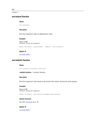 204
Chapter 2
sort.natural Function
Syntax
sort.natural()
Description
Sorts the categorical values in alphanumeric order.
Examples
Figure 2-280
Example: Sorting the categories
SCALE: cat(dim(1), values("Male", "Female"), sort.natural())
Applies To
cat Scale (GPL)
sort.statistic Function
Syntax
sort.statistic(<statistic function>)
<statistic function>. A statistic function.
Description
Sorts the categorical values based on the result of the statistic function for each category.
Examples
Figure 2-281
Example: Sorting the categories
SCALE: cat(dim(1), sort.statistic(summary.mean(salary)))
Statistic Functions
See GPL Functions on p. 59.
Applies To
cat Scale (GPL)
 