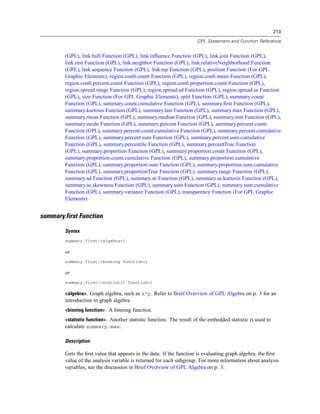 213
GPL Statement and Function Reference
(GPL), link.hull Function (GPL), link.inﬂuence Function (GPL), link.join Function (GPL),
link.mst Function (GPL), link.neighbor Function (GPL), link.relativeNeighborhood Function
(GPL), link.sequence Function (GPL), link.tsp Function (GPL), position Function (For GPL
Graphic Elements), region.conﬁ.count Function (GPL), region.conﬁ.mean Function (GPL),
region.conﬁ.percent.count Function (GPL), region.conﬁ.proportion.count Function (GPL),
region.spread.range Function (GPL), region.spread.sd Function (GPL), region.spread.se Function
(GPL), size Function (For GPL Graphic Elements), split Function (GPL), summary.count
Function (GPL), summary.count.cumulative Function (GPL), summary.ﬁrst Function (GPL),
summary.kurtosis Function (GPL), summary.last Function (GPL), summary.max Function (GPL),
summary.mean Function (GPL), summary.median Function (GPL), summary.min Function (GPL),
summary.mode Function (GPL), summary.percent Function (GPL), summary.percent.count
Function (GPL), summary.percent.count.cumulative Function (GPL), summary.percent.cumulative
Function (GPL), summary.percent.sum Function (GPL), summary.percent.sum.cumulative
Function (GPL), summary.percentile Function (GPL), summary.percentTrue Function
(GPL), summary.proportion Function (GPL), summary.proportion.count Function (GPL),
summary.proportion.count.cumulative Function (GPL), summary.proportion.cumulative
Function (GPL), summary.proportion.sum Function (GPL), summary.proportion.sum.cumulative
Function (GPL), summary.proportionTrue Function (GPL), summary.range Function (GPL),
summary.sd Function (GPL), summary.se Function (GPL), summary.se.kurtosis Function (GPL),
summary.se.skewness Function (GPL), summary.sum Function (GPL), summary.sum.cumulative
Function (GPL), summary.variance Function (GPL), transparency Function (For GPL Graphic
Elements)
summary.first Function
Syntax
summary.first(<algebra>)
or
summary.first(<binning function>)
or
summary.first(<statistic function>)
<algebra>. Graph algebra, such as x*y. Refer to Brief Overview of GPL Algebra on p. 3 for an
introduction to graph algebra.
<binning function>. A binning function.
<statistic function>. Another statistic function. The result of the embedded statistic is used to
calculate summary.max.
Description
Gets the ﬁrst value that appears in the data. If the function is evaluating graph algebra, the ﬁrst
value of the analysis variable is returned for each subgroup. For more information about analysis
variables, see the discussion in Brief Overview of GPL Algebra on p. 3.
 