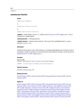 218
Chapter 2
summary.max Function
Syntax
summary.max(<algebra>)
or
summary.max(<binning function>)
or
summary.max(<statistic function>)
<algebra>. Graph algebra, such as x*y. Refer to Brief Overview of GPL Algebra on p. 3 for an
introduction to graph algebra.
<binning function>. A binning function.
<statistic function>. Another statistic function. The result of the embedded statistic is used to
calculate summary.max.
Description
Calculates the maximum value. If the function is evaluating graph algebra, the maximum value of
the analysis variable is returned. For more information about analysis variables, see the discussion
in Brief Overview of GPL Algebra on p. 3.
Examples
Figure 2-299
Example: Calculating the maximum salary for each jobcat category
ELEMENT: interval(position(summary.max(jobcat*salary)))
Statistic Functions
See GPL Functions on p. 59.
Binning Functions
bin.dot Function (GPL), bin.hex Function (GPL), bin.quantile.letter Function (GPL), bin.rect
Function (GPL)
Applies To
bin.dot Function (GPL), bin.hex Function (GPL), bin.quantile.letter Function (GPL), bin.rect
Function (GPL), color Function (For GPL Graphic Elements), color.brightness Function (For
GPL Graphic Elements), color.hue Function (For GPL Graphic Elements), color.saturation
Function (For GPL Graphic Elements), link.alpha Function (GPL), link.complete Function
(GPL), link.delaunay Function (GPL), link.distance Function (GPL), link.gabriel Function
(GPL), link.hull Function (GPL), link.inﬂuence Function (GPL), link.join Function (GPL),
link.mst Function (GPL), link.neighbor Function (GPL), link.relativeNeighborhood Function
(GPL), link.sequence Function (GPL), link.tsp Function (GPL), position Function (For GPL
 