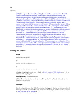 222
Chapter 2
(GPL), link.sequence Function (GPL), link.tsp Function (GPL), position Function (For GPL
Graphic Elements), region.conﬁ.count Function (GPL), region.conﬁ.mean Function (GPL),
region.conﬁ.percent.count Function (GPL), region.conﬁ.proportion.count Function (GPL),
region.spread.range Function (GPL), region.spread.sd Function (GPL), region.spread.se Function
(GPL), size Function (For GPL Graphic Elements), split Function (GPL), summary.count Function
(GPL), summary.count.cumulative Function (GPL), summary.countTrue Function (GPL),
summary.ﬁrst Function (GPL), summary.kurtosis Function (GPL), summary.last Function (GPL),
summary.max Function (GPL), summary.mean Function (GPL), summary.min Function (GPL),
summary.mode Function (GPL), summary.percent Function (GPL), summary.percent.count
Function (GPL), summary.percent.count.cumulative Function (GPL), summary.percent.cumulative
Function (GPL), summary.percent.sum Function (GPL), summary.percent.sum.cumulative
Function (GPL), summary.percentile Function (GPL), summary.percentTrue Function
(GPL), summary.proportion Function (GPL), summary.proportion.count Function (GPL),
summary.proportion.count.cumulative Function (GPL), summary.proportion.cumulative
Function (GPL), summary.proportion.sum Function (GPL), summary.proportion.sum.cumulative
Function (GPL), summary.proportionTrue Function (GPL), summary.range Function (GPL),
summary.sd Function (GPL), summary.se Function (GPL), summary.se.kurtosis Function (GPL),
summary.se.skewness Function (GPL), summary.sum Function (GPL), summary.sum.cumulative
Function (GPL), summary.variance Function (GPL), transparency Function (For GPL Graphic
Elements)
summary.min Function
Syntax
summary.min(<algebra>)
or
summary.min(<binning function>)
or
summary.min(<statistic function>)
<algebra>. Graph algebra, such as x*y. Refer to Brief Overview of GPL Algebra on p. 3 for an
introduction to graph algebra.
<binning function>. A binning function.
<statistic function>. Another statistic function. The result of the embedded statistic is used to
calculate summary.min.
Description
Calculates the minimum value. If the function is evaluating graph algebra, the minimum value of
the analysis variable is returned. For more information about analysis variables, see the discussion
in Brief Overview of GPL Algebra on p. 3.
 