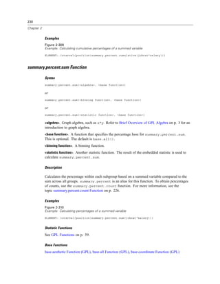 230
Chapter 2
Examples
Figure 2-309
Example: Calculating cumulative percentages of a summed variable
ELEMENT: interval(position(summary.percent.cumulative(jobcat*salary)))
summary.percent.sum Function
Syntax
summary.percent.sum(<algebra>, <base function>)
or
summary.percent.sum(<binning function>, <base function>)
or
summary.percent.sum(<statistic function>, <base function>)
<algebra>. Graph algebra, such as x*y. Refer to Brief Overview of GPL Algebra on p. 3 for an
introduction to graph algebra.
<base function>. A function that speciﬁes the percentage base for summary.percent.sum.
This is optional. The default is base.all().
<binning function>. A binning function.
<statistic function>. Another statistic function. The result of the embedded statistic is used to
calculate summary.percent.sum.
Description
Calculates the percentage within each subgroup based on a summed variable compared to the
sum across all groups. summary.percent is an alias for this function. To obtain percentages
of counts, use the summary.percent.count function. For more information, see the
topic summary.percent.count Function on p. 226.
Examples
Figure 2-310
Example: Calculating percentages of a summed variable
ELEMENT: interval(position(summary.percent.sum(jobcat*salary)))
Statistic Functions
See GPL Functions on p. 59.
Base Functions
base.aesthetic Function (GPL), base.all Function (GPL), base.coordinate Function (GPL)
 