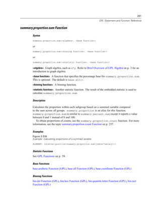 241
GPL Statement and Function Reference
summary.proportion.sum Function
Syntax
summary.proportion.sum(<algebra>, <base function>)
or
summary.proportion.sum(<binning function>, <base function>)
or
summary.proportion.sum(<statistic function>, <base function>)
<algebra>. Graph algebra, such as x*y. Refer to Brief Overview of GPL Algebra on p. 3 for an
introduction to graph algebra.
<base function>. A function that speciﬁes the percentage base for summary.proportion.sum.
This is optional. The default is base.all().
<binning function>. A binning function.
<statistic function>. Another statistic function. The result of the embedded statistic is used to
calculate summary.proportion.sum.
Description
Calculates the proportion within each subgroup based on a summed variable compared
to the sum across all groups. summary.proportion is an alias for this function.
summary.proportion.sum is similar to summary.percent.sum except it reports a value
between 0 and 1 instead of 0 and 100.
To obtain proportions of counts, use the summary.proportion.count function. For more
information, see the topic summary.proportion.count Function on p. 237.
Examples
Figure 2-318
Example: Calculating proportions of a summed variable
ELEMENT: interval(position(summary.proportion.sum(jobcat*salary)))
Statistic Functions
See GPL Functions on p. 59.
Base Functions
base.aesthetic Function (GPL), base.all Function (GPL), base.coordinate Function (GPL)
Binning Functions
bin.dot Function (GPL), bin.hex Function (GPL), bin.quantile.letter Function (GPL), bin.rect
Function (GPL)
 
