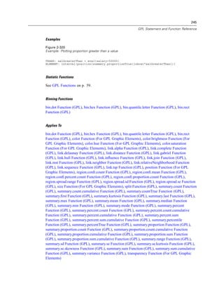 245
GPL Statement and Function Reference
Examples
Figure 2-320
Example: Plotting proportion greater than a value
TRANS: salGreaterThan = eval(salary>50000)
ELEMENT: interval(position(summary.proportionTrue(jobcat*salGreaterThan)))
Statistic Functions
See GPL Functions on p. 59.
Binning Functions
bin.dot Function (GPL), bin.hex Function (GPL), bin.quantile.letter Function (GPL), bin.rect
Function (GPL)
Applies To
bin.dot Function (GPL), bin.hex Function (GPL), bin.quantile.letter Function (GPL), bin.rect
Function (GPL), color Function (For GPL Graphic Elements), color.brightness Function (For
GPL Graphic Elements), color.hue Function (For GPL Graphic Elements), color.saturation
Function (For GPL Graphic Elements), link.alpha Function (GPL), link.complete Function
(GPL), link.delaunay Function (GPL), link.distance Function (GPL), link.gabriel Function
(GPL), link.hull Function (GPL), link.inﬂuence Function (GPL), link.join Function (GPL),
link.mst Function (GPL), link.neighbor Function (GPL), link.relativeNeighborhood Function
(GPL), link.sequence Function (GPL), link.tsp Function (GPL), position Function (For GPL
Graphic Elements), region.conﬁ.count Function (GPL), region.conﬁ.mean Function (GPL),
region.conﬁ.percent.count Function (GPL), region.conﬁ.proportion.count Function (GPL),
region.spread.range Function (GPL), region.spread.sd Function (GPL), region.spread.se Function
(GPL), size Function (For GPL Graphic Elements), split Function (GPL), summary.count Function
(GPL), summary.count.cumulative Function (GPL), summary.countTrue Function (GPL),
summary.ﬁrst Function (GPL), summary.kurtosis Function (GPL), summary.last Function (GPL),
summary.max Function (GPL), summary.mean Function (GPL), summary.median Function
(GPL), summary.min Function (GPL), summary.mode Function (GPL), summary.percent
Function (GPL), summary.percent.count Function (GPL), summary.percent.count.cumulative
Function (GPL), summary.percent.cumulative Function (GPL), summary.percent.sum
Function (GPL), summary.percent.sum.cumulative Function (GPL), summary.percentile
Function (GPL), summary.percentTrue Function (GPL), summary.proportion Function (GPL),
summary.proportion.count Function (GPL), summary.proportion.count.cumulative Function
(GPL), summary.proportion.cumulative Function (GPL), summary.proportion.sum Function
(GPL), summary.proportion.sum.cumulative Function (GPL), summary.range Function (GPL),
summary.sd Function (GPL), summary.se Function (GPL), summary.se.kurtosis Function (GPL),
summary.se.skewness Function (GPL), summary.sum Function (GPL), summary.sum.cumulative
Function (GPL), summary.variance Function (GPL), transparency Function (For GPL Graphic
Elements)
 