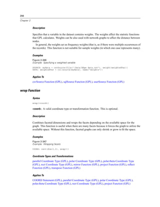 266
Chapter 2
Description
Speciﬁes that a variable in the dataset contains weights. The weights affect the statistic functions
that GPL calculates. Weights can be also used with network graphs to affect the distance between
nodes.
In general, the weights act as frequency weights (that is, as if there were multiple occurrences of
the records). This function is not suitable for sample weights (in which one case represents many).
Examples
Figure 2-346
Example: Specifying a weighted variable
SOURCE: mydata = csvSource(file("/Data/Edge data.csv"), weight(weightedVar))
DATA: weightedVar = col(source(mydata), name("weights"))
Applies To
csvSource Function (GPL), sqlSource Function (GPL), userSource Function (GPL)
wrap Function
Syntax
wrap(<coord>)
<coord>. A valid coordinate type or transformation function. This is optional.
Description
Combines faceted dimensions and wraps the facets depending on the available space for the
graph. This function is useful when there are many facets because it forces the graph to utilize the
available space. Without this function, faceted graphs can only shrink or grow to ﬁt the space.
Examples
Figure 2-347
Example: Wrapping facets
COORD: rect(dim(1,2), wrap())
Coordinate Types and Transformations
parallel Coordinate Type (GPL), polar Coordinate Type (GPL), polar.theta Coordinate Type
(GPL), rect Coordinate Type (GPL), mirror Function (GPL), project Function (GPL), reﬂect
Function (GPL), transpose Function (GPL)
Applies To
COORD Statement (GPL), parallel Coordinate Type (GPL), polar Coordinate Type (GPL),
polar.theta Coordinate Type (GPL), rect Coordinate Type (GPL), project Function (GPL)
 