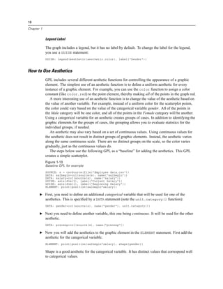 18
Chapter 1
Legend Label
The graph includes a legend, but it has no label by default. To change the label for the legend,
you use a GUIDE statement:
GUIDE: legend(aesthetic(aesthetic.color), label("Gender"))
How to Use Aesthetics
GPL includes several different aesthetic functions for controlling the appearance of a graphic
element. The simplest use of an aesthetic function is to deﬁne a uniform aesthetic for every
instance of a graphic element. For example, you can use the color function to assign a color
constant (like color.red) to the point element, thereby making all of the points in the graph red.
A more interesting use of an aesthetic function is to change the value of the aesthetic based on
the value of another variable. For example, instead of a uniform color for the scatterplot points,
the color could vary based on the value of the categorical variable gender. All of the points in
the Male category will be one color, and all of the points in the Female category will be another.
Using a categorical variable for an aesthetic creates groups of cases. In addition to identifying the
graphic elements for the groups of cases, the grouping allows you to evaluate statistics for the
individual groups, if needed.
An aesthetic may also vary based on a set of continuous values. Using continuous values for
the aesthetic does not result in distinct groups of graphic elements. Instead, the aesthetic varies
along the same continuous scale. There are no distinct groups on the scale, so the color varies
gradually, just as the continuous values do.
The steps below use the following GPL as a “baseline” for adding the aesthetics. This GPL
creates a simple scatterplot.
Figure 1-13
Baseline GPL for example
SOURCE: s = csvSource(file("Employee data.csv"))
DATA: salbegin=col(source(s), name("salbegin"))
DATA: salary=col(source(s), name("salary"))
GUIDE: axis(dim(2), label("Current Salary"))
GUIDE: axis(dim(1), label("Beginning Salary"))
ELEMENT: point(position(salbegin*salary))
E First, you need to deﬁne an additional categorical variable that will be used for one of the
aesthetics. This is speciﬁed by a DATA statement (note the unit.category() function):
DATA: gender=col(source(s), name("gender"), unit.category())
E Next you need to deﬁne another variable, this one being continuous. It will be used for the other
aesthetic.
DATA: prevexp=col(source(s), name("prevexp"))
E Now you will add the aesthetics to the graphic element in the ELEMENT statement. First add the
aesthetic for the categorical variable:
ELEMENT: point(position(salbegin*salary), shape(gender))
Shape is a good aesthetic for the categorical variable. It has distinct values that correspond well
to categorical values.
 