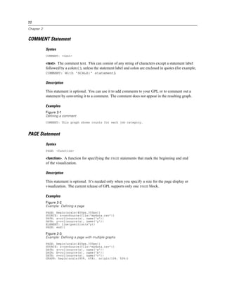 22
Chapter 2
COMMENT Statement
Syntax
COMMENT: <text>
<text>. The comment text. This can consist of any string of characters except a statement label
followed by a colon (:), unless the statement label and colon are enclosed in quotes (for example,
COMMENT: With "SCALE:" statement).
Description
This statement is optional. You can use it to add comments to your GPL or to comment out a
statement by converting it to a comment. The comment does not appear in the resulting graph.
Examples
Figure 2-1
Defining a comment
COMMENT: This graph shows counts for each job category.
PAGE Statement
Syntax
PAGE: <function>
<function>. A function for specifying the PAGE statements that mark the beginning and end
of the visualization.
Description
This statement is optional. It’s needed only when you specify a size for the page display or
visualization. The current release of GPL supports only one PAGE block.
Examples
Figure 2-2
Example: Defining a page
PAGE: begin(scale(400px,300px))
SOURCE: s=csvSource(file("mydata.csv"))
DATA: x=col(source(s), name("x"))
DATA: y=col(source(s), name("y"))
ELEMENT: line(position(x*y))
PAGE: end()
Figure 2-3
Example: Defining a page with multiple graphs
PAGE: begin(scale(400px,300px))
SOURCE: s=csvSource(file("mydata.csv"))
DATA: a=col(source(s), name("a"))
DATA: b=col(source(s), name("b"))
DATA: c=col(source(s), name("c"))
GRAPH: begin(scale(90%, 45%), origin(10%, 50%))
 