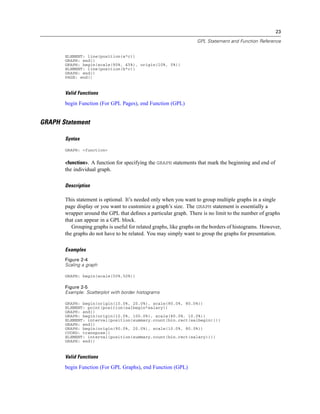 23
GPL Statement and Function Reference
ELEMENT: line(position(a*c))
GRAPH: end()
GRAPH: begin(scale(90%, 45%), origin(10%, 0%))
ELEMENT: line(position(b*c))
GRAPH: end()
PAGE: end()
Valid Functions
begin Function (For GPL Pages), end Function (GPL)
GRAPH Statement
Syntax
GRAPH: <function>
<function>. A function for specifying the GRAPH statements that mark the beginning and end of
the individual graph.
Description
This statement is optional. It’s needed only when you want to group multiple graphs in a single
page display or you want to customize a graph’s size. The GRAPH statement is essentially a
wrapper around the GPL that deﬁnes a particular graph. There is no limit to the number of graphs
that can appear in a GPL block.
Grouping graphs is useful for related graphs, like graphs on the borders of histograms. However,
the graphs do not have to be related. You may simply want to group the graphs for presentation.
Examples
Figure 2-4
Scaling a graph
GRAPH: begin(scale(50%,50%))
Figure 2-5
Example: Scatterplot with border histograms
GRAPH: begin(origin(10.0%, 20.0%), scale(80.0%, 80.0%))
ELEMENT: point(position(salbegin*salary))
GRAPH: end()
GRAPH: begin(origin(10.0%, 100.0%), scale(80.0%, 10.0%))
ELEMENT: interval(position(summary.count(bin.rect(salbegin))))
GRAPH: end()
GRAPH: begin(origin(90.0%, 20.0%), scale(10.0%, 80.0%))
COORD: transpose()
ELEMENT: interval(position(summary.count(bin.rect(salary))))
GRAPH: end()
Valid Functions
begin Function (For GPL Graphs), end Function (GPL)
 