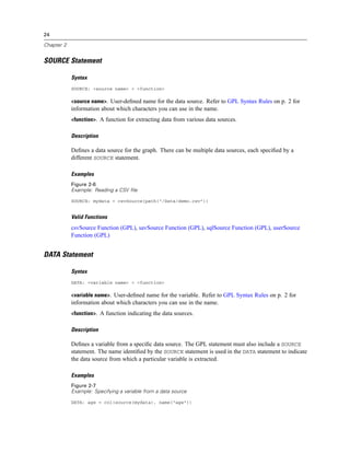 24
Chapter 2
SOURCE Statement
Syntax
SOURCE: <source name> = <function>
<source name>. User-deﬁned name for the data source. Refer to GPL Syntax Rules on p. 2 for
information about which characters you can use in the name.
<function>. A function for extracting data from various data sources.
Description
Deﬁnes a data source for the graph. There can be multiple data sources, each speciﬁed by a
different SOURCE statement.
Examples
Figure 2-6
Example: Reading a CSV file
SOURCE: mydata = csvSource(path("/Data/demo.csv"))
Valid Functions
csvSource Function (GPL), savSource Function (GPL), sqlSource Function (GPL), userSource
Function (GPL)
DATA Statement
Syntax
DATA: <variable name> = <function>
<variable name>. User-deﬁned name for the variable. Refer to GPL Syntax Rules on p. 2 for
information about which characters you can use in the name.
<function>. A function indicating the data sources.
Description
Deﬁnes a variable from a speciﬁc data source. The GPL statement must also include a SOURCE
statement. The name identiﬁed by the SOURCE statement is used in the DATA statement to indicate
the data source from which a particular variable is extracted.
Examples
Figure 2-7
Example: Specifying a variable from a data source
DATA: age = col(source(mydata), name("age"))
 