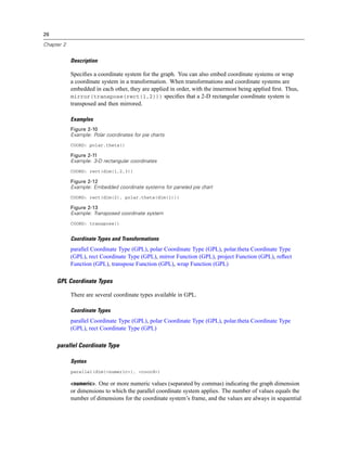 26
Chapter 2
Description
Speciﬁes a coordinate system for the graph. You can also embed coordinate systems or wrap
a coordinate system in a transformation. When transformations and coordinate systems are
embedded in each other, they are applied in order, with the innermost being applied ﬁrst. Thus,
mirror(transpose(rect(1,2))) speciﬁes that a 2-D rectangular coordinate system is
transposed and then mirrored.
Examples
Figure 2-10
Example: Polar coordinates for pie charts
COORD: polar.theta()
Figure 2-11
Example: 3-D rectangular coordinates
COORD: rect(dim(1,2,3))
Figure 2-12
Example: Embedded coordinate systems for paneled pie chart
COORD: rect(dim(2), polar.theta(dim(1)))
Figure 2-13
Example: Transposed coordinate system
COORD: transpose()
Coordinate Types and Transformations
parallel Coordinate Type (GPL), polar Coordinate Type (GPL), polar.theta Coordinate Type
(GPL), rect Coordinate Type (GPL), mirror Function (GPL), project Function (GPL), reﬂect
Function (GPL), transpose Function (GPL), wrap Function (GPL)
GPL Coordinate Types
There are several coordinate types available in GPL.
Coordinate Types
parallel Coordinate Type (GPL), polar Coordinate Type (GPL), polar.theta Coordinate Type
(GPL), rect Coordinate Type (GPL)
parallel Coordinate Type
Syntax
parallel(dim(<numeric>), <coord>)
<numeric>. One or more numeric values (separated by commas) indicating the graph dimension
or dimensions to which the parallel coordinate system applies. The number of values equals the
number of dimensions for the coordinate system’s frame, and the values are always in sequential
 
