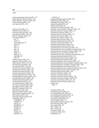 352
Index
region.spread.range function (GPL), 177
region.spread.sd function (GPL), 178
region.spread.se function (GPL), 180
reverse function (GPL), 182
root function (GPL), 183
safeLog scale (GPL), 38
safePower scale (GPL), 39
savSource function (GPL), 184
scale function (GPL), 184–186
SCALE statement (GPL), 30
scale types (GPL), 31
asn, 31
atanh, 32
cat (categorical), 33
linear, 33
log, 34
logit, 35
pow, 36
prob, 36
probit, 37
safeLog, 38
safePower, 39
time, 40
schema element (GPL), 54
segments function (GPL), 187
shape function (GPL), 187–188
showAll function (GPL), 189
size function (GPL), 189–190
smooth.cubic function (GPL), 191
smooth.linear function (GPL), 193
smooth.loess function (GPL), 194
smooth.mean function (GPL), 196
smooth.median function (GPL), 198
smooth.quadratic function (GPL), 199
smooth.spline function (GPL), 201
smooth.step function (GPL), 202
sort.data function (GPL), 203
sort.natural function (GPL), 204
sort.statistic function (GPL), 204
sort.values function (GPL), 205
SOURCE statement (GPL), 24
split function (GPL), 205
sqlSource function (GPL), 206
stack collision modiﬁer (GPL), 58
start function (GPL), 207
startAngle function (GPL), 207
statements (GPL), 21
COMMENT, 22
COORD, 25
DATA, 24
ELEMENT, 47
GRAPH, 23
GUIDE, 41
PAGE, 22
SCALE, 30
SOURCE, 24
TRANS, 25
studentizedRange function (GPL), 208
subfootnote guide (GPL), 44
subsubfootnote guide (GPL), 45
subsubtitle guide (GPL), 46
subtitle guide (GPL), 46
summary.count function (GPL), 208
summary.count.cumulative function (GPL), 210
summary.countTrue function (GPL), 211
summary.ﬁrst function (GPL), 213
summary.kurtosis function (GPL), 215
summary.last function (GPL), 216
summary.max function (GPL), 218
summary.mean function (GPL), 219
summary.median function (GPL), 221
summary.min function (GPL), 222
summary.mode function (GPL), 224
summary.percent function (GPL), 225
summary.percent.count function (GPL), 226
summary.percent.count.cumulative function (GPL), 228
summary.percent.cumulative function (GPL), 229
summary.percent.sum function (GPL), 230
summary.percent.sum.cumulative function (GPL), 231
summary.percentile function (GPL), 233
summary.percentTrue function (GPL), 235
summary.proportion function (GPL), 236
summary.proportion.count function (GPL), 237
summary.proportion.count.cumulative function (GPL), 239
summary.proportion.cumulative function (GPL), 240
summary.proportion.sum function (GPL), 241
summary.proportion.sum.cumulative function (GPL), 242
summary.proportionTrue function (GPL), 244
summary.range function (GPL), 246
summary.sd function (GPL), 247
summary.se function (GPL), 249
summary.se.kurtosis function (GPL), 250
summary.se.skewness function (GPL), 252
summary.sum function (GPL), 253, 255
summary.variance function (GPL), 256
syntax rules
GPL, 2
t function (GPL), 258
text.footnote guide (GPL), 44
text.subfootnote guide (GPL), 44
text.subsubfootnote guide (GPL), 45
text.subsubtitle guide (GPL), 46
text.subtitle guide (GPL), 46
text.title guide (GPL), 47
texture.pattern function (GPL), 258
ticks function (GPL), 259
time scale (GPL), 40
title 2 (GPL), 46
title 3 (GPL), 46
title guide (GPL), 47
to function (GPL), 260
trademarks, 346
 