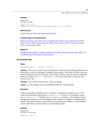 29
GPL Statement and Function Reference
Examples
Figure 2-16
Example: Pie chart
COORD: polar.theta()
ELEMENT: interval.stack(position(summary.count()), color(jobcat))
Valid Functions
reverse Function (GPL), startAngle Function (GPL)
Coordinate Types and Transformations
parallel Coordinate Type (GPL), polar Coordinate Type (GPL), rect Coordinate Type (GPL),
mirror Function (GPL), project Function (GPL), reﬂect Function (GPL), transpose Function
(GPL), wrap Function (GPL)
Applies To
COORD Statement (GPL), parallel Coordinate Type (GPL), polar Coordinate Type (GPL), rect
Coordinate Type (GPL), project Function (GPL)
rect Coordinate Type
Syntax
rect(dim(<numeric>), <function>, <coord>)
<numeric>. One or more numeric values (separated by commas) indicating the graph dimension or
dimensions to which the rectangular coordinate system applies. The number of values equals the
number of dimensions for the coordinate system’s frame, and the values are always in sequential
order (for example, dim(1,2,3) and dim(4,5)). For more information, see the topic dim
Function on p. 109.
<function>. One or more valid functions. These are optional.
<coord>. A valid coordinate type or transformation function. This is optional.
Description
Creates a rectangular coordinate system. By default, a rectangular coordinate system is 2-D,
which is the equivalent of specifying rect(dim(1,2)). To create a 3-D coordinate system,
use rect(dim(1,2,3)). Similarly, use rect(dim(1)) to specify a 1-D coordinate system.
Changing the coordinate system also changes which variable in the algebra is summarized for a
statistic. The statistic function is calculated on the second crossed variable in a 2-D coordinate
system and the third crossed variable in a 3-D coordinate system.
Examples
Figure 2-17
Example: 2-D bar chart
COORD: rect(dim(1,2))
 
