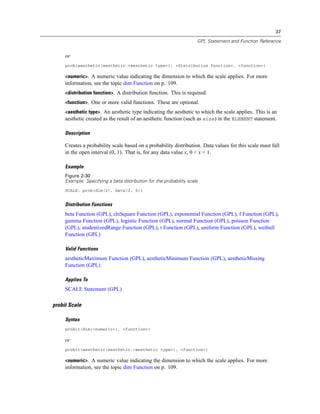 37
GPL Statement and Function Reference
or
prob(aesthetic(aesthetic.<aesthetic type>), <distribution function>, <function>)
<numeric>. A numeric value indicating the dimension to which the scale applies. For more
information, see the topic dim Function on p. 109.
<distribution function>. A distribution function. This is required.
<function>. One or more valid functions. These are optional.
<aesthetic type>. An aesthetic type indicating the aesthetic to which the scale applies. This is an
aesthetic created as the result of an aesthetic function (such as size) in the ELEMENT statement.
Description
Creates a probability scale based on a probability distribution. Data values for this scale must fall
in the open interval (0, 1). That is, for any data value x, 0 < x < 1.
Example
Figure 2-30
Example: Specifying a beta distribution for the probability scale
SCALE: prob(dim(2), beta(2, 5))
Distribution Functions
beta Function (GPL), chiSquare Function (GPL), exponential Function (GPL), f Function (GPL),
gamma Function (GPL), logistic Function (GPL), normal Function (GPL), poisson Function
(GPL), studentizedRange Function (GPL), t Function (GPL), uniform Function (GPL), weibull
Function (GPL)
Valid Functions
aestheticMaximum Function (GPL), aestheticMinimum Function (GPL), aestheticMissing
Function (GPL)
Applies To
SCALE Statement (GPL)
probit Scale
Syntax
probit(dim(<numeric>), <function>)
or
probit(aesthetic(aesthetic.<aesthetic type>), <function>)
<numeric>. A numeric value indicating the dimension to which the scale applies. For more
information, see the topic dim Function on p. 109.
 