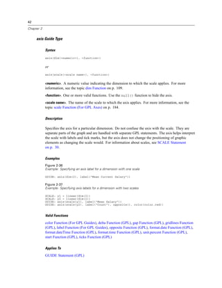 42
Chapter 2
axis Guide Type
Syntax
axis(dim(<numeric>), <function>)
or
axis(scale(<scale name>), <function>)
<numeric>. A numeric value indicating the dimension to which the scale applies. For more
information, see the topic dim Function on p. 109.
<function>. One or more valid functions. Use the null() function to hide the axis.
<scale name>. The name of the scale to which the axis applies. For more information, see the
topic scale Function (For GPL Axes) on p. 184.
Description
Speciﬁes the axis for a particular dimension. Do not confuse the axis with the scale. They are
separate parts of the graph and are handled with separate GPL statements. The axis helps interpret
the scale with labels and tick marks, but the axis does not change the positioning of graphic
elements as changing the scale would. For information about scales, see SCALE Statement
on p. 30.
Examples
Figure 2-36
Example: Specifying an axis label for a dimension with one scale
GUIDE: axis(dim(2), label("Mean Current Salary"))
Figure 2-37
Example: Specifying axis labels for a dimension with two scales
SCALE: y1 = linear(dim(2))
SCALE: y2 = linear(dim(2))
GUIDE: axis(scale(y1), label("Mean Salary"))
GUIDE: axis(scale(y2), label("Count"), opposite(), color(color.red))
Valid Functions
color Function (For GPL Guides), delta Function (GPL), gap Function (GPL), gridlines Function
(GPL), label Function (For GPL Guides), opposite Function (GPL), format.date Function (GPL),
format.dateTime Function (GPL), format.time Function (GPL), unit.percent Function (GPL),
start Function (GPL), ticks Function (GPL)
Applies To
GUIDE Statement (GPL)
 