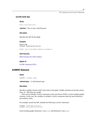 47
GPL Statement and Function Reference
text.title Guide Type
Syntax
text.title(<function>)
<function>. One or more valid functions.
Description
Speciﬁes the title for the graph.
Examples
Figure 2-46
Example: Specifying the title text
GUIDE: text.title(label("Salary by Gender"))
Valid Functions
label Function (For GPL Guides)
Applies To
GUIDE Statement (GPL)
ELEMENT Statement
Syntax
ELEMENT: <element type>
<element type>. A valid element type.
Description
Speciﬁes a graphic element used to draw data on the graph. Graphic elements are the bars, points,
lines, etc., that make up a graph.
There can be multiple ELEMENT statements in the same block of GPL to create multiple graphic
elements. In this case, the variables in multiple ELEMENT statements share the same dimension
and aesthetic scales.
For example, assume the GPL includes the following ELEMENT statements:
ELEMENT: point(position(x*y))
ELEMENT: point(position(x2*y2))
In the resulting graph, dimension 1 uses x+x2, and dimension 2 uses y+y2.
 