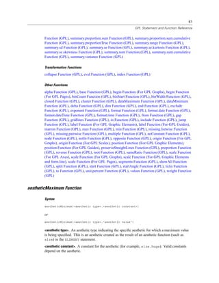 61
GPL Statement and Function Reference
Function (GPL), summary.proportion.sum Function (GPL), summary.proportion.sum.cumulative
Function (GPL), summary.proportionTrue Function (GPL), summary.range Function (GPL),
summary.sd Function (GPL), summary.se Function (GPL), summary.se.kurtosis Function (GPL),
summary.se.skewness Function (GPL), summary.sum Function (GPL), summary.sum.cumulative
Function (GPL), summary.variance Function (GPL)
Transformation Functions
collapse Function (GPL), eval Function (GPL), index Function (GPL)
Other Functions
alpha Function (GPL), base Function (GPL), begin Function (For GPL Graphs), begin Function
(For GPL Pages), binCount Function (GPL), binStart Function (GPL), binWidth Function (GPL),
closed Function (GPL), cluster Function (GPL), dataMaximum Function (GPL), dataMinimum
Function (GPL), delta Function (GPL), dim Function (GPL), end Function (GPL), exclude
Function (GPL), exponent Function (GPL), format Function (GPL), format.date Function (GPL),
format.dateTime Function (GPL), format.time Function (GPL), from Function (GPL), gap
Function (GPL), gridlines Function (GPL), in Function (GPL), include Function (GPL), jump
Function (GPL), label Function (For GPL Graphic Elements), label Function (For GPL Guides),
marron Function (GPL), max Function (GPL), min Function (GPL), missing.listwise Function
(GPL), missing.pairwise Function (GPL), multiple Function (GPL), noConstant Function (GPL),
node Function (GPL), notIn Function (GPL), opposite Function (GPL), origin Function (For GPL
Graphs), origin Function (For GPL Scales), position Function (For GPL Graphic Elements),
position Function (For GPL Guides), preserveStraightLines Function (GPL), proportion Function
(GPL), reverse Function (GPL), root Function (GPL), sameRatio Function (GPL), scale Function
(For GPL Axes), scale Function (For GPL Graphs), scale Function (For GPL Graphic Elements
and form.line), scale Function (For GPL Pages), segments Function (GPL), showAll Function
(GPL), split Function (GPL), start Function (GPL), startAngle Function (GPL), ticks Function
(GPL), to Function (GPL), unit.percent Function (GPL), values Function (GPL), weight Function
(GPL)
aestheticMaximum Function
Syntax
aestheticMinimum(<aesthetic type>.<aesthetic constant>)
or
aestheticMinimum(<aesthetic type>."aesthetic value")
<aesthetic type>. An aesthetic type indicating the speciﬁc aesthetic for which a maximum value
is being speciﬁed. This is an aesthetic created as the result of an aesthetic function (such as
size) in the ELEMENT statement.
<aesthetic constant>. A constant for the aesthetic (for example, size.huge). Valid constants
depend on the aesthetic.
 
