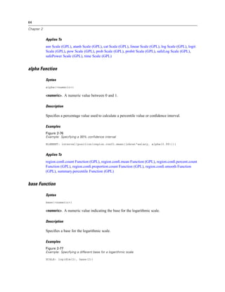 64
Chapter 2
Applies To
asn Scale (GPL), atanh Scale (GPL), cat Scale (GPL), linear Scale (GPL), log Scale (GPL), logit
Scale (GPL), pow Scale (GPL), prob Scale (GPL), probit Scale (GPL), safeLog Scale (GPL),
safePower Scale (GPL), time Scale (GPL)
alpha Function
Syntax
alpha(<numeric>)
<numeric>. A numeric value between 0 and 1.
Description
Speciﬁes a percentage value used to calculate a percentile value or conﬁdence interval.
Examples
Figure 2-76
Example: Specifying a 99% confidence interval
ELEMENT: interval(position(region.confi.mean(jobcat*salary, alpha(0.99))))
Applies To
region.conﬁ.count Function (GPL), region.conﬁ.mean Function (GPL), region.conﬁ.percent.count
Function (GPL), region.conﬁ.proportion.count Function (GPL), region.conﬁ.smooth Function
(GPL), summary.percentile Function (GPL)
base Function
Syntax
base(<numeric>)
<numeric>. A numeric value indicating the base for the logarithmic scale.
Description
Speciﬁes a base for the logarithmic scale.
Examples
Figure 2-77
Example: Specifying a different base for a logarithmic scale
SCALE: log(dim(2), base(2))
 