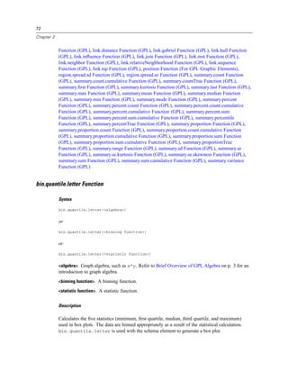 72
Chapter 2
Function (GPL), link.distance Function (GPL), link.gabriel Function (GPL), link.hull Function
(GPL), link.inﬂuence Function (GPL), link.join Function (GPL), link.mst Function (GPL),
link.neighbor Function (GPL), link.relativeNeighborhood Function (GPL), link.sequence
Function (GPL), link.tsp Function (GPL), position Function (For GPL Graphic Elements),
region.spread.sd Function (GPL), region.spread.se Function (GPL), summary.count Function
(GPL), summary.count.cumulative Function (GPL), summary.countTrue Function (GPL),
summary.ﬁrst Function (GPL), summary.kurtosis Function (GPL), summary.last Function (GPL),
summary.max Function (GPL), summary.mean Function (GPL), summary.median Function
(GPL), summary.min Function (GPL), summary.mode Function (GPL), summary.percent
Function (GPL), summary.percent.count Function (GPL), summary.percent.count.cumulative
Function (GPL), summary.percent.cumulative Function (GPL), summary.percent.sum
Function (GPL), summary.percent.sum.cumulative Function (GPL), summary.percentile
Function (GPL), summary.percentTrue Function (GPL), summary.proportion Function (GPL),
summary.proportion.count Function (GPL), summary.proportion.count.cumulative Function
(GPL), summary.proportion.cumulative Function (GPL), summary.proportion.sum Function
(GPL), summary.proportion.sum.cumulative Function (GPL), summary.proportionTrue
Function (GPL), summary.range Function (GPL), summary.sd Function (GPL), summary.se
Function (GPL), summary.se.kurtosis Function (GPL), summary.se.skewness Function (GPL),
summary.sum Function (GPL), summary.sum.cumulative Function (GPL), summary.variance
Function (GPL)
bin.quantile.letter Function
Syntax
bin.quantile.letter(<algebra>)
or
bin.quantile.letter(<binning function>)
or
bin.quantile.letter(<statistic function>)
<algebra>. Graph algebra, such as x*y. Refer to Brief Overview of GPL Algebra on p. 3 for an
introduction to graph algebra.
<binning function>. A binning function.
<statistic function>. A statistic function.
Description
Calculates the ﬁve statistics (minimum, ﬁrst quartile, median, third quartile, and maximum)
used in box plots. The data are binned appropriately as a result of the statistical calculation.
bin.quantile.letter is used with the schema element to generate a box plot.
 