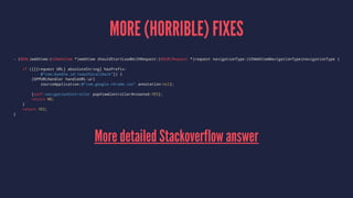 MORE (HORRIBLE) FIXES
- (BOOL)webView:(UIWebView *)webView shouldStartLoadWithRequest:(NSURLRequest *)request navigationType:(UIWebViewNavigationType)navigationType {
if ([[[request URL] absoluteString] hasPrefix:
@"com.bundle.id:/oauth2callback"]) {
[GPPURLHandler handleURL:url
sourceApplication:@"com.google.chrome.ios" annotation:nil];
[self.navigationController popViewControllerAnimated:YES];
return NO;
}
return YES;
}
More detailed Stackoverflow answer
 