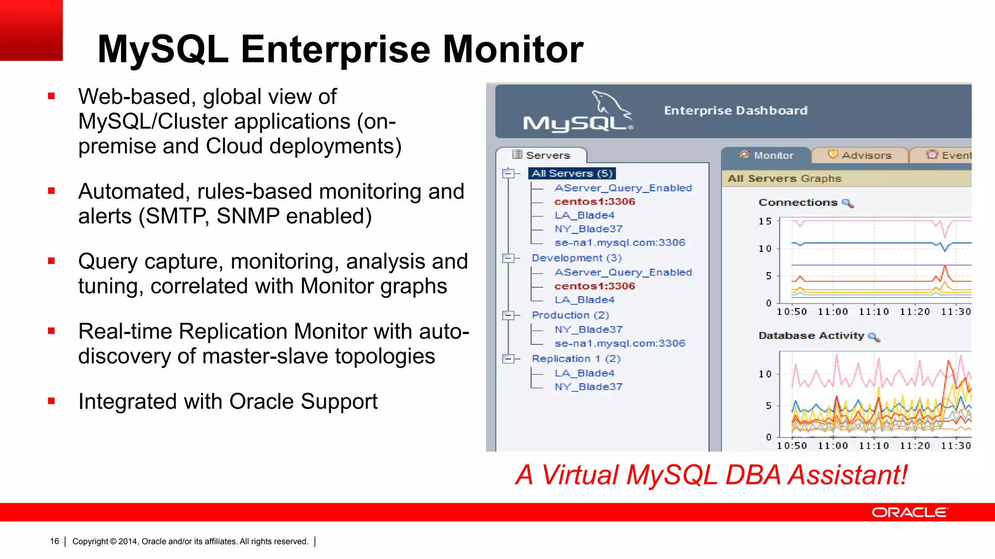Copyright © 2014, Oracle and/or its affiliates. All rights reserved.16
A Virtual MySQL DBA Assistant!
 Web-based, global view of
MySQL/Cluster applications (on-
premise and Cloud deployments)
 Automated, rules-based monitoring and
alerts (SMTP, SNMP enabled)
 Query capture, monitoring, analysis and
tuning, correlated with Monitor graphs
 Real-time Replication Monitor with auto-
discovery of master-slave topologies
 Integrated with Oracle Support
MySQL Enterprise Monitor
 