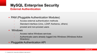 Copyright © 2014, Oracle and/or its affiliates. All rights reserved.11
 PAM (Pluggable Authentication Modules)
- Access external authentication methods
- Standard interface (Unix, LDAP, Kerberos, others)
- proxied and non-proxied users
 Windows
- Access native Windows services
- Authenticate users already logged into Windows (Windows Active
Directory)
 Pluggable Authentication API
MySQL Enterprise Security
External Authentication
 