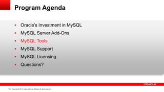 Copyright © 2014, Oracle and/or its affiliates. All rights reserved.14
Program Agenda
 Oracle’s Investment in MySQL
 MySQL Server Add-Ons
 MySQL Tools
 MySQL Support
 MySQL Licensing
 Questions?
 
