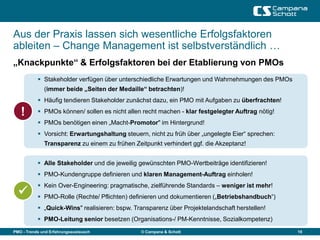 Aus der Praxis lassen sich wesentliche Erfolgsfaktoren
ableiten – Change Management ist selbstverständlich …
„Knackpunkte“ & Erfolgsfaktoren bei der Etablierung von PMOs
            Stakeholder verfügen über unterschiedliche Erwartungen und Wahrnehmungen des PMOs
              (immer beide „Seiten der Medaille“ betrachten)!
            Häufig tendieren Stakeholder zunächst dazu, ein PMO mit Aufgaben zu überfrachten!

   !        PMOs können/ sollen es nicht allen recht machen - klar festgelegter Auftrag nötig!
            PMOs benötigen einen „Macht-Promotor" im Hintergrund!
            Vorsicht: Erwartungshaltung steuern, nicht zu früh über „ungelegte Eier“ sprechen:
              Transparenz zu einem zu frühen Zeitpunkt verhindert ggf. die Akzeptanz!


            Alle Stakeholder und die jeweilig gewünschten PMO-Wertbeiträge identifizieren!
            PMO-Kundengruppe definieren und klaren Management-Auftrag einholen!
            Kein Over-Engineering: pragmatische, zielführende Standards – weniger ist mehr!
           PMO-Rolle (Rechte/ Pflichten) definieren und dokumentieren („Betriebshandbuch“)
            „Quick-Wins" realisieren: bspw. Transparenz über Projektelandschaft herstellen!
            PMO-Leitung senior besetzen (Organisations-/ PM-Kenntnisse, Sozialkompetenz)
PMO - Trends und Erfahrungsaustausch            © Campana & Schott                                19
 
