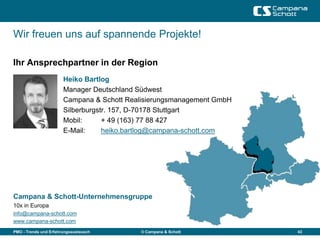 Wir freuen uns auf spannende Projekte!

Ihr Ansprechpartner in der Region
                       Heiko Bartlog
                       Manager Deutschland Südwest
                       Campana & Schott Realisierungsmanagement GmbH
                       Silberburgstr. 157, D-70178 Stuttgart
                       Mobil:      + 49 (163) 77 88 427
                       E-Mail:     heiko.bartlog@campana-schott.com




Campana & Schott-Unternehmensgruppe
10x in Europa
info@campana-schott.com
www.campana-schott.com
PMO - Trends und Erfahrungsaustausch       © Campana & Schott          43
 