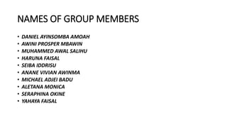 NAMES OF GROUP MEMBERS
• DANIEL AYINSOMBA AMOAH
• AWINI PROSPER MBAWIN
• MUHAMMED AWAL SALIHU
• HARUNA FAISAL
• SEIBA IDDRISU
• ANANE VIVIAN AWINMA
• MICHAEL ADJEI BADU
• ALETANA MONICA
• SERAPHINA OKINE
• YAHAYA FAISAL
 